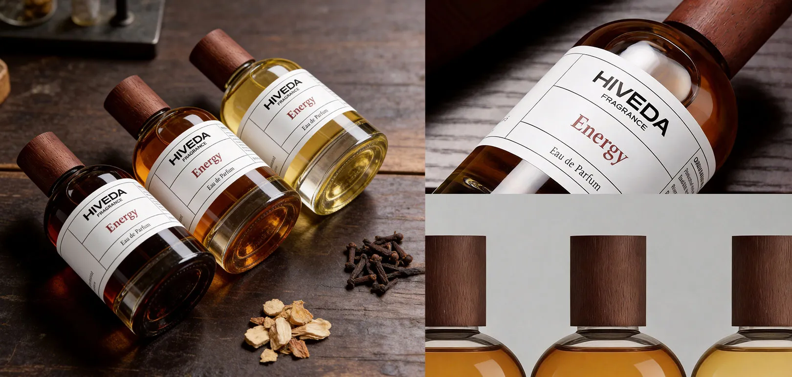 Ready design perfume bottle concept with printed label and wood-grain cap