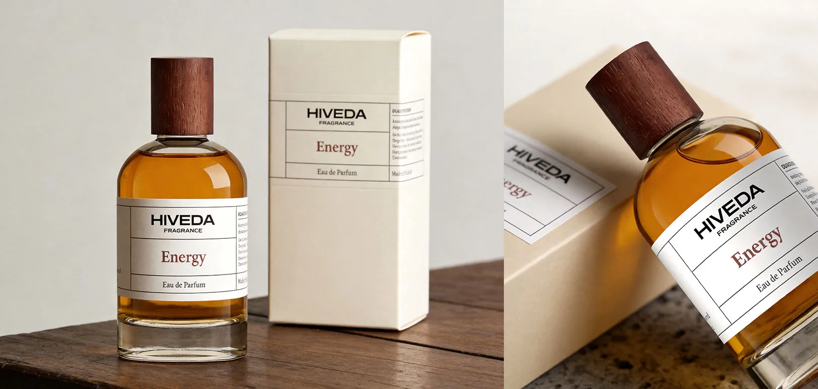 Ready design perfume bottle concept with printed label and wood-grain cap