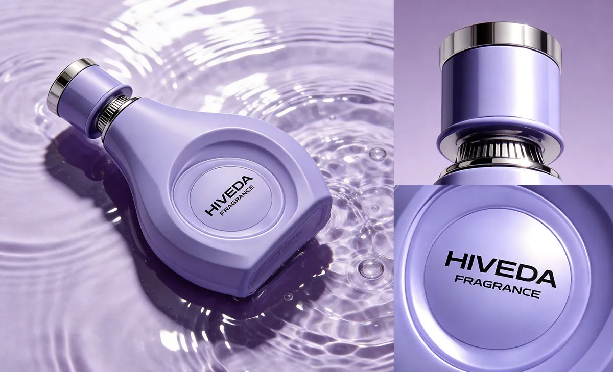Close-up of circular front branding area on pastel lavender bespoke perfume bottle concept