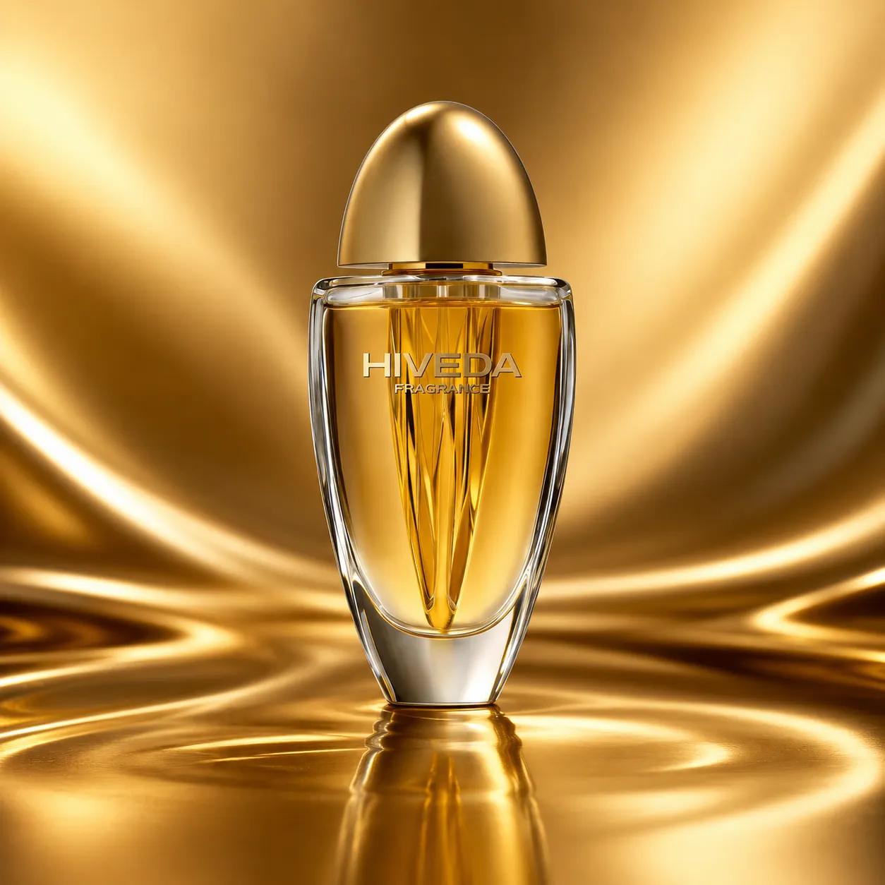 BD-PF-02 radiant glass perfume bottle with amber liquid and gold dome cap