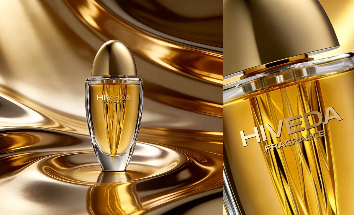 Close-up of BD-PF-02 perfume bottle showing vertical inner glass structure and logo placement