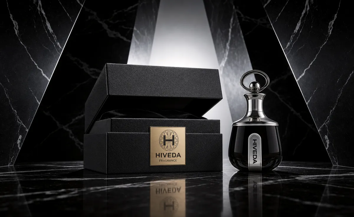 BD-PF-03 dark perfume bottle beside black presentation box with gold plaque