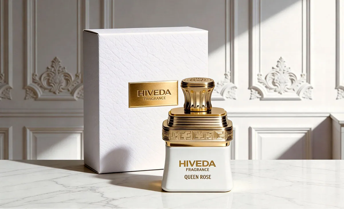 BD-PF-05 perfume bottle with white textured box and gold brand plaque