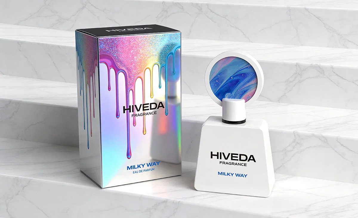 BD-PF-08 perfume bottle displayed beside holographic Milky Way packaging box