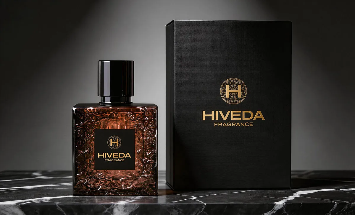 BD-PF-09 textured perfume bottle beside black box with gold branding