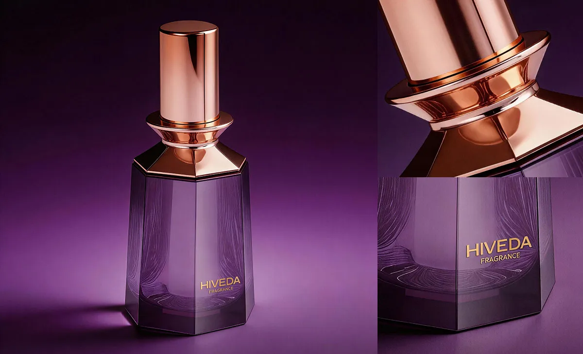 Close-up of BD-PF-10 rose-gold cap and flared collar on faceted perfume bottle