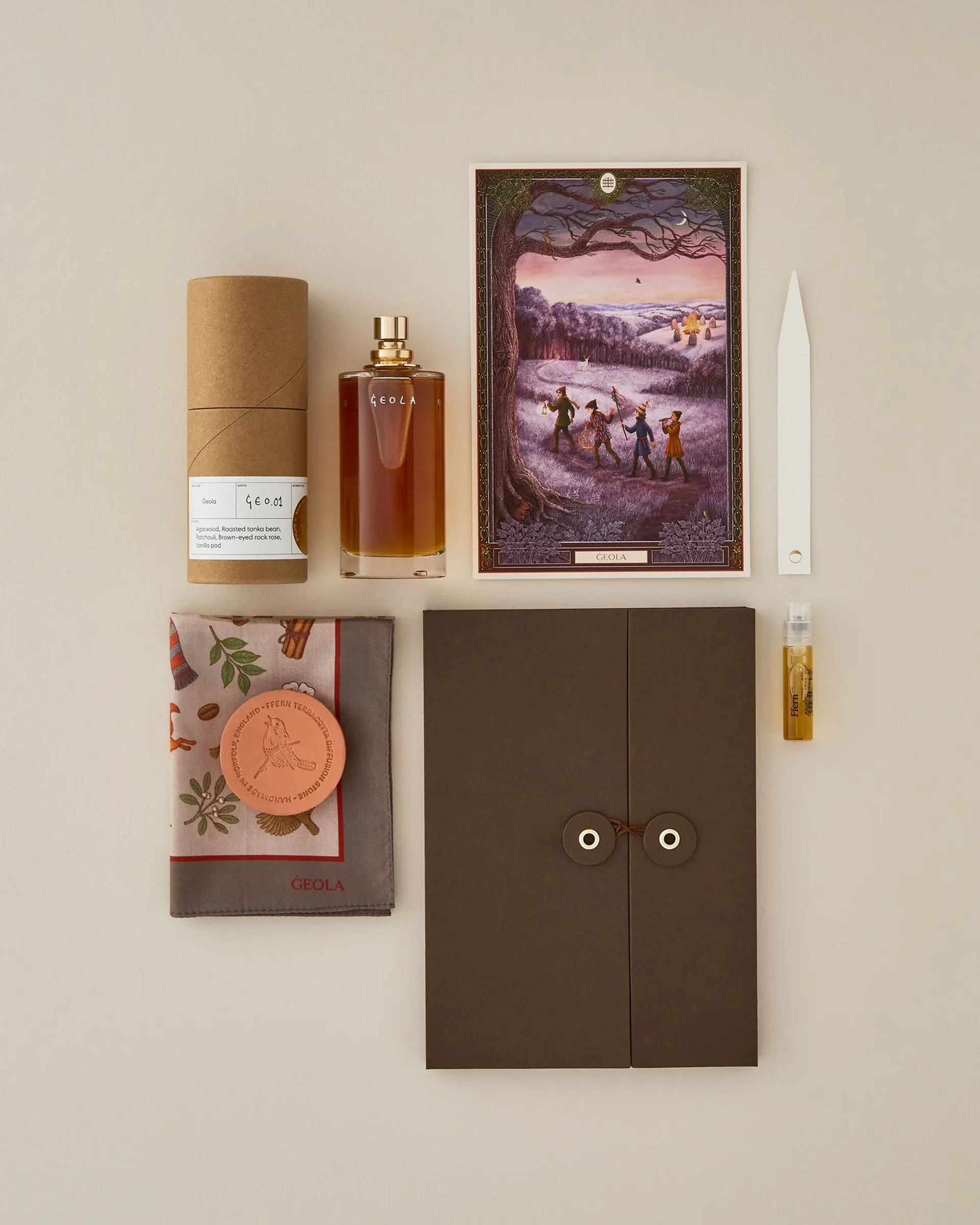 ffern perfume brand seasonal perfume product mood board with botanical materials, glass bottle, label paper, and carton textures