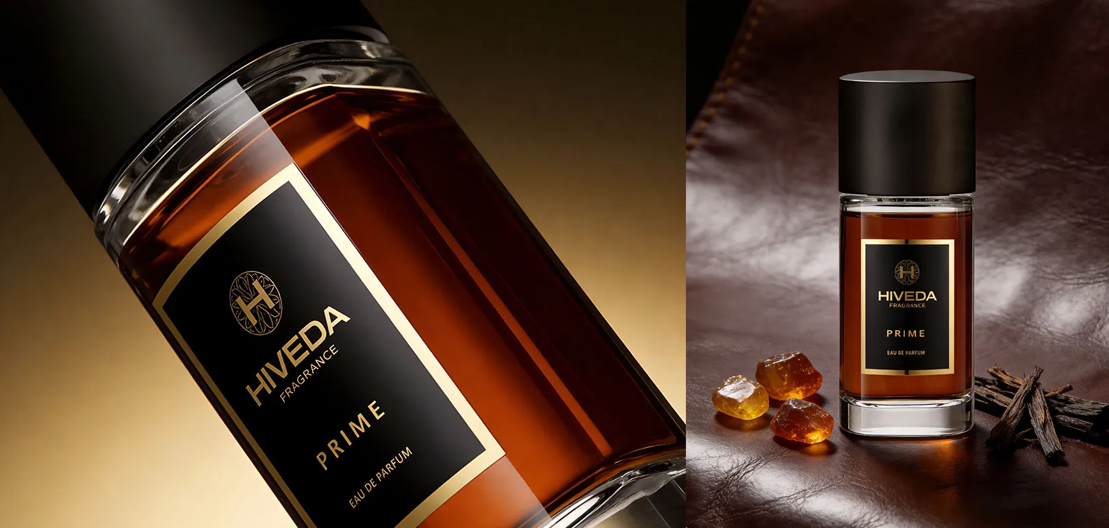 perfume bottle with black label and gold-tone branding