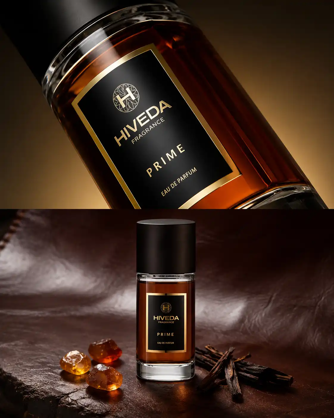 perfume bottle with black label and gold-tone branding