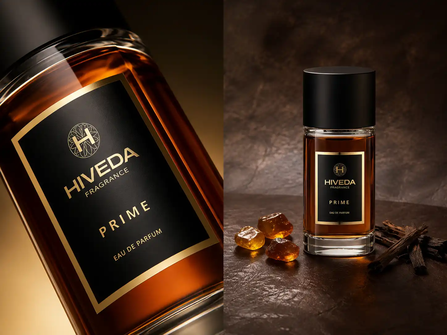 perfume bottle with black label and gold-tone branding