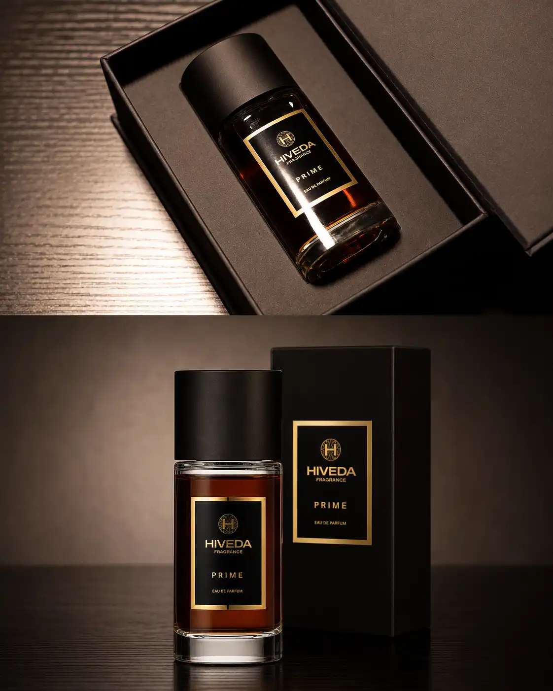 perfume bottle with black presentation box and fitted insert