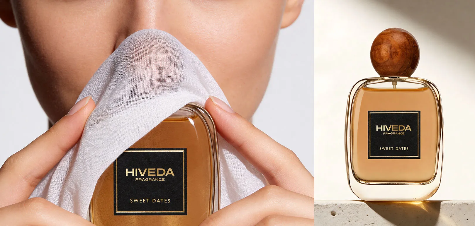rounded clear glass perfume bottle with spherical wood-grain cap
