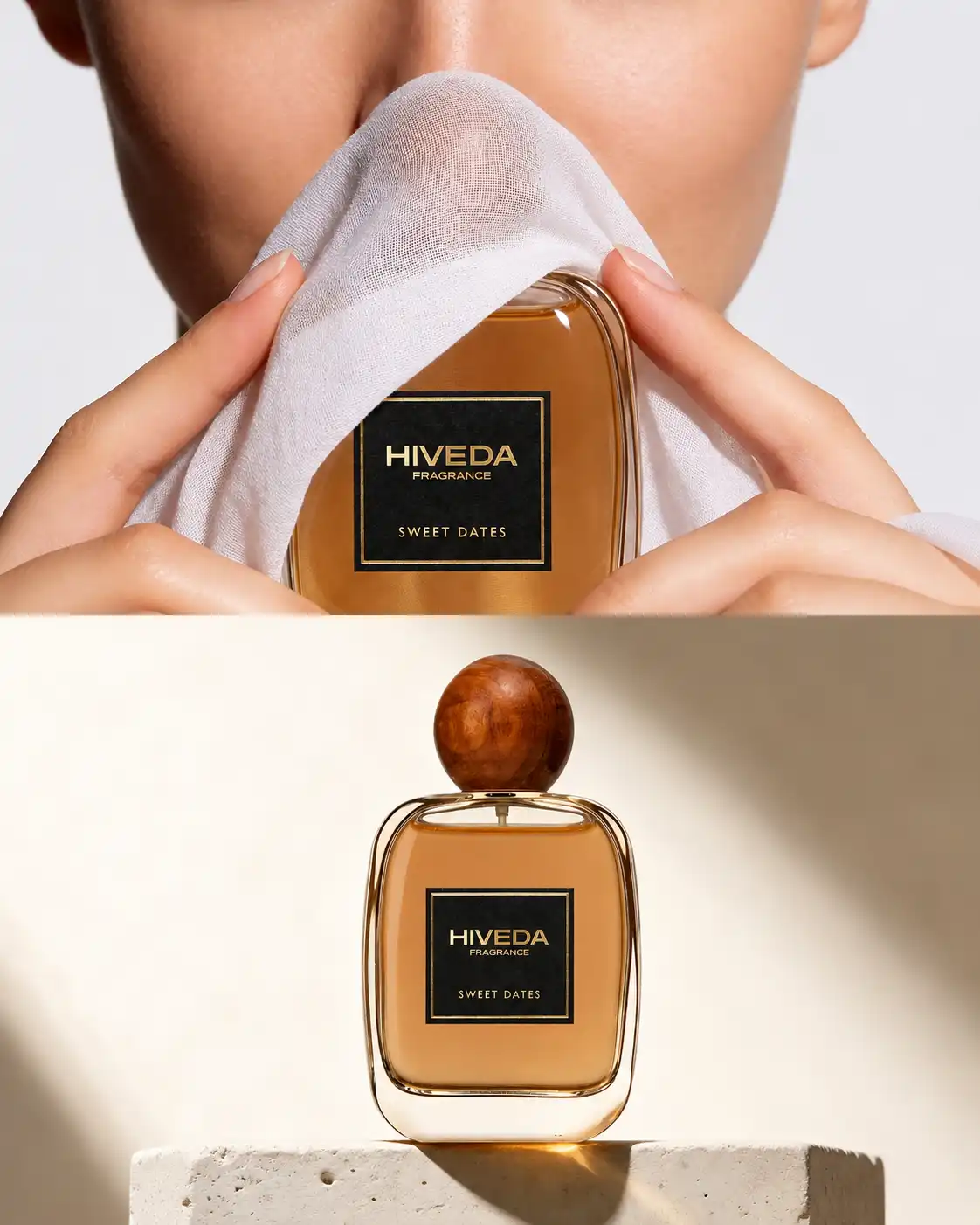 rounded clear glass perfume bottle with spherical wood-grain cap