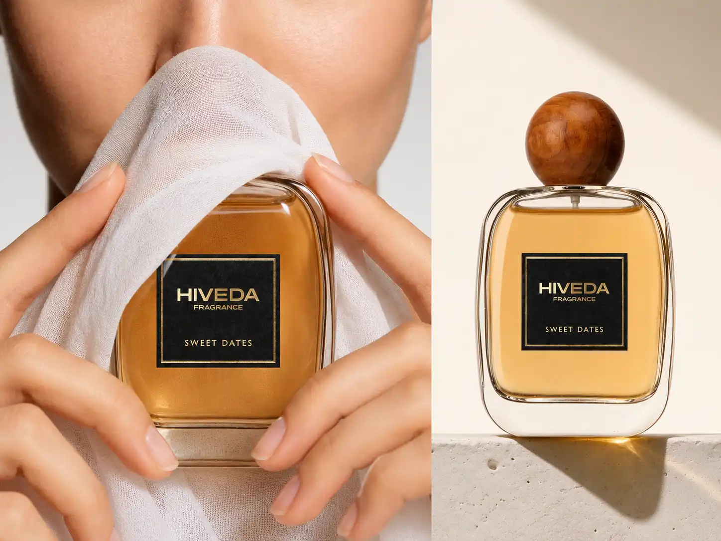 rounded clear glass perfume bottle with spherical wood-grain cap