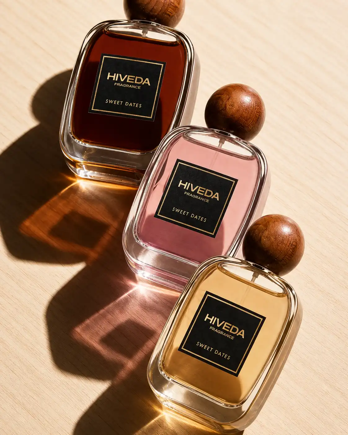perfume bottles with amber rose and pale gold fragrance colors