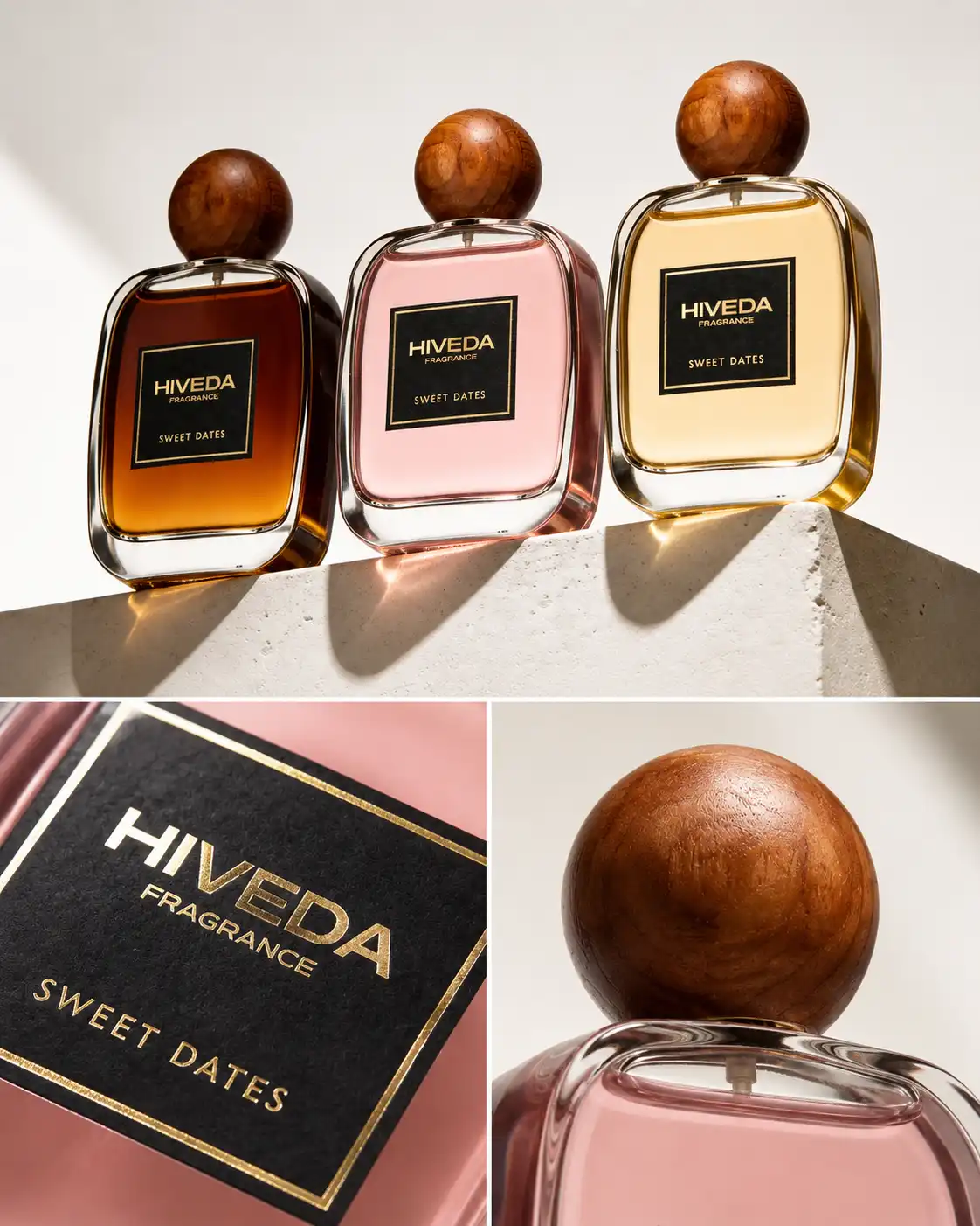 perfume bottle with black label and gold-tone branding