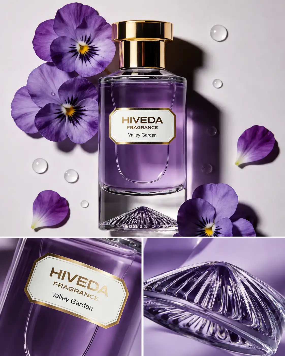 perfume bottles with purple pink and green fragrance colors