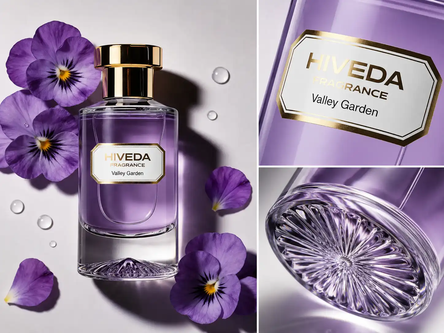 perfume bottles with purple pink and green fragrance colors