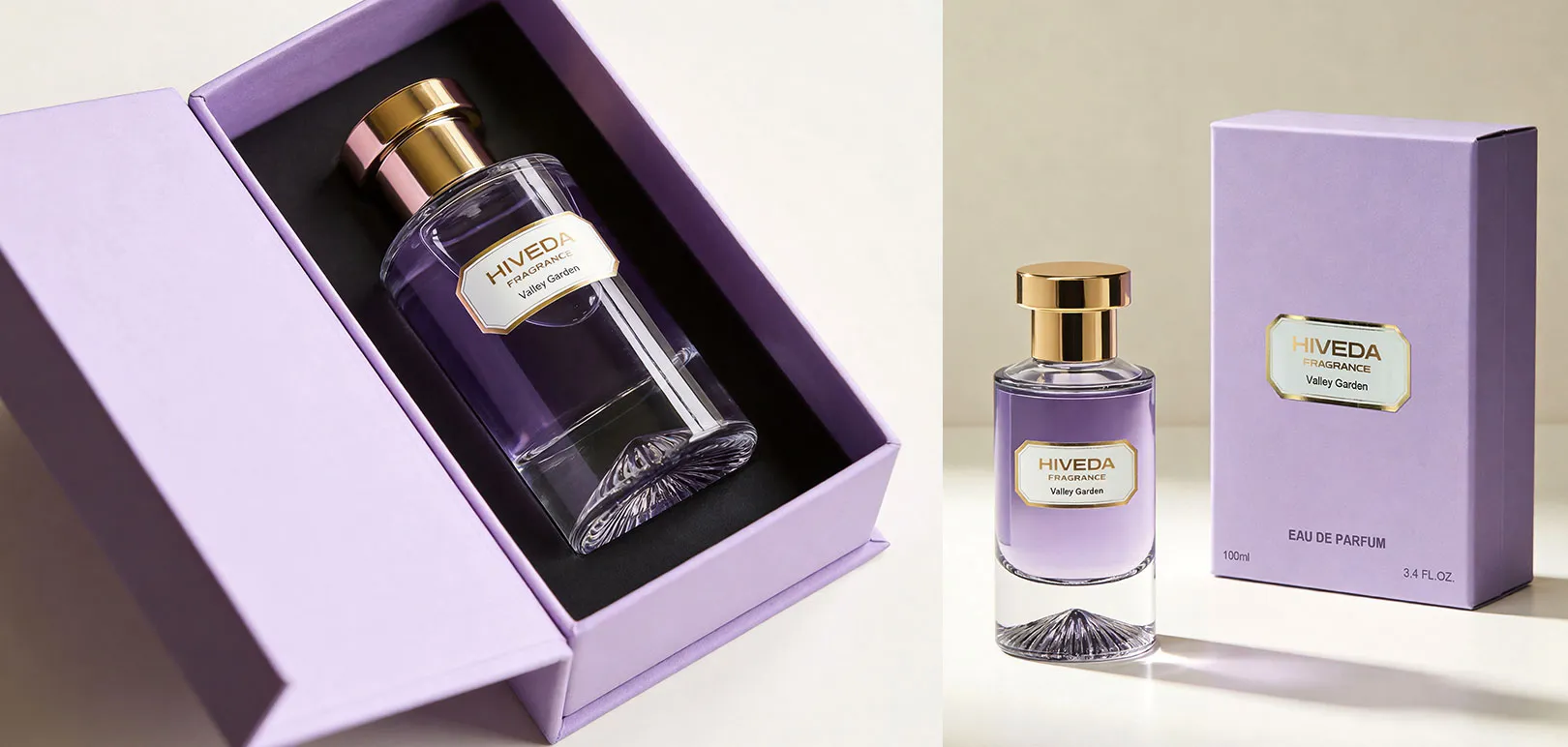 perfume bottle with lavender box and fitted black insert