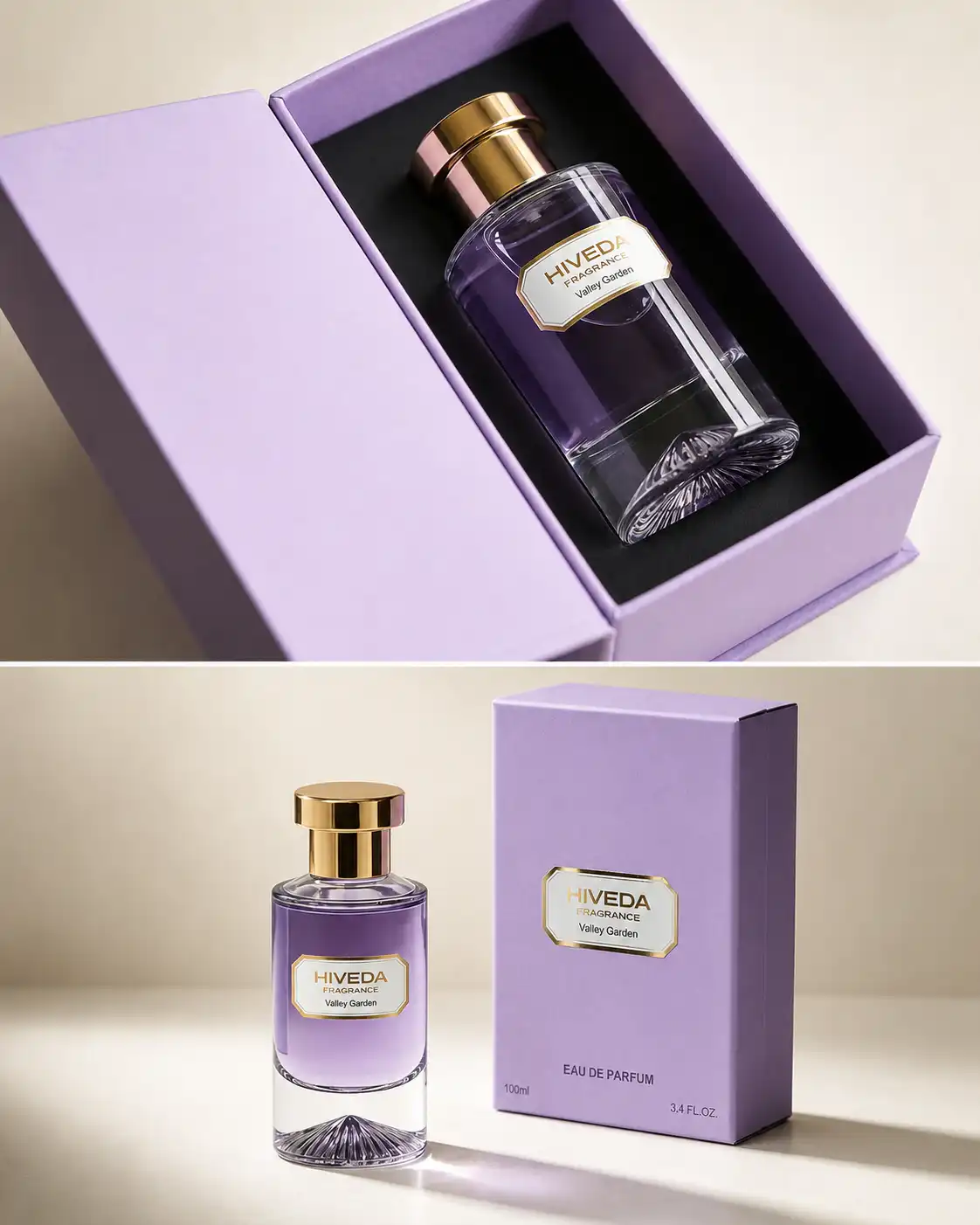 perfume bottle with lavender box and fitted black insert