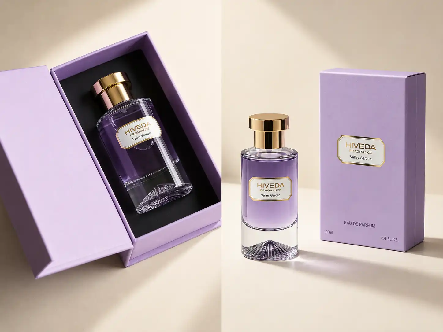 perfume bottle with lavender box and fitted black insert