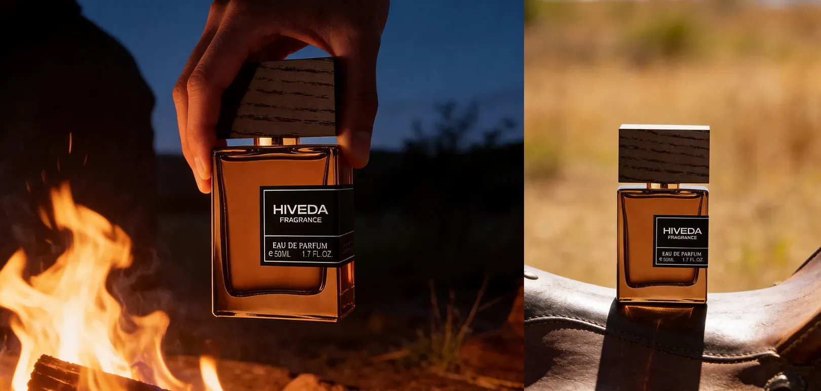 rectangular perfume bottle with amber fragrance and dark wood-grain cap