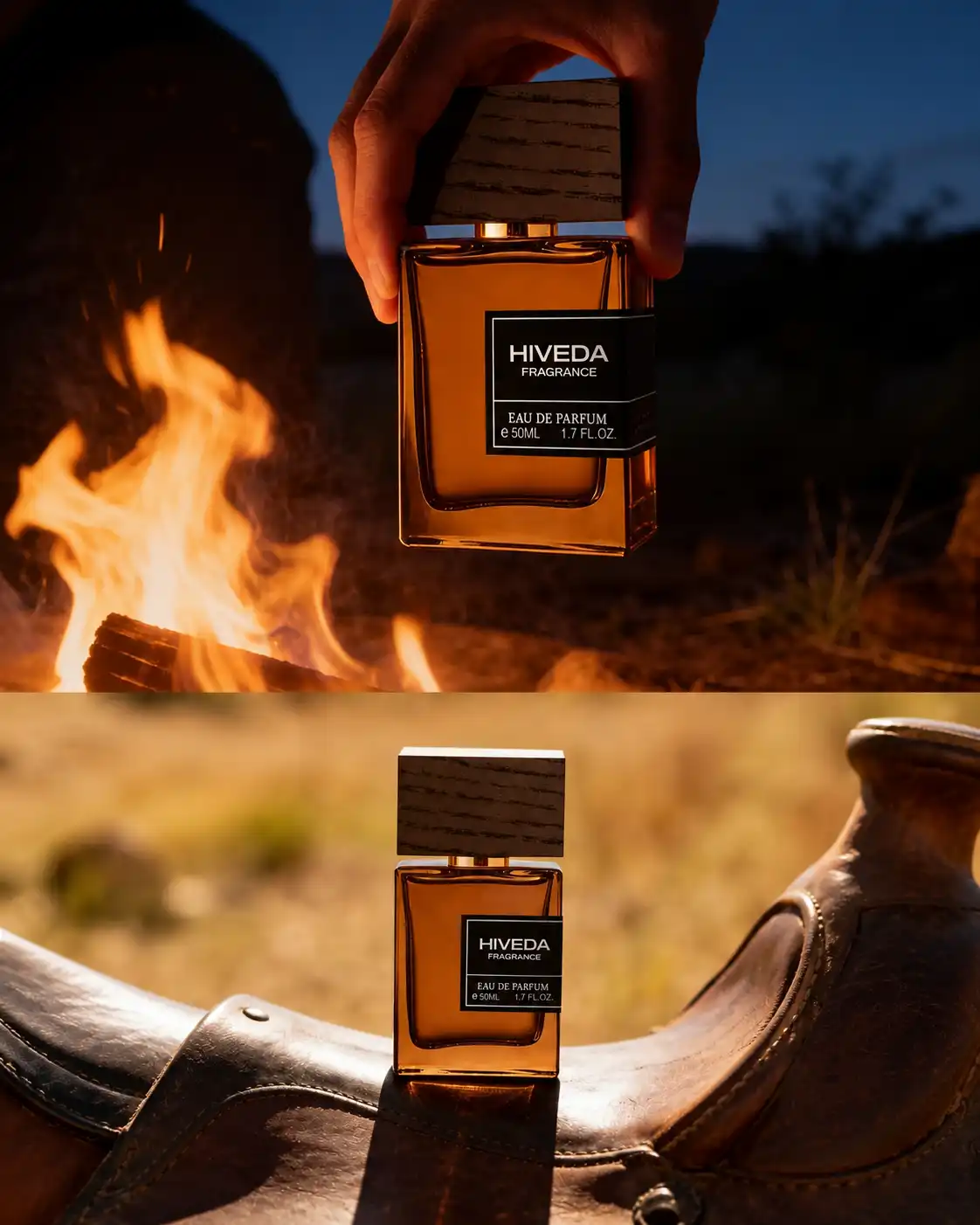 rectangular perfume bottle with amber fragrance and dark wood-grain cap