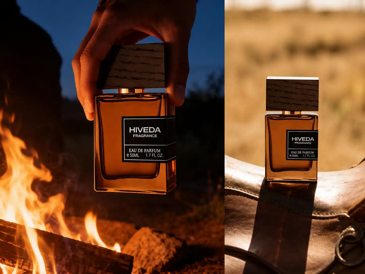 rectangular perfume bottle with amber fragrance and dark wood-grain cap