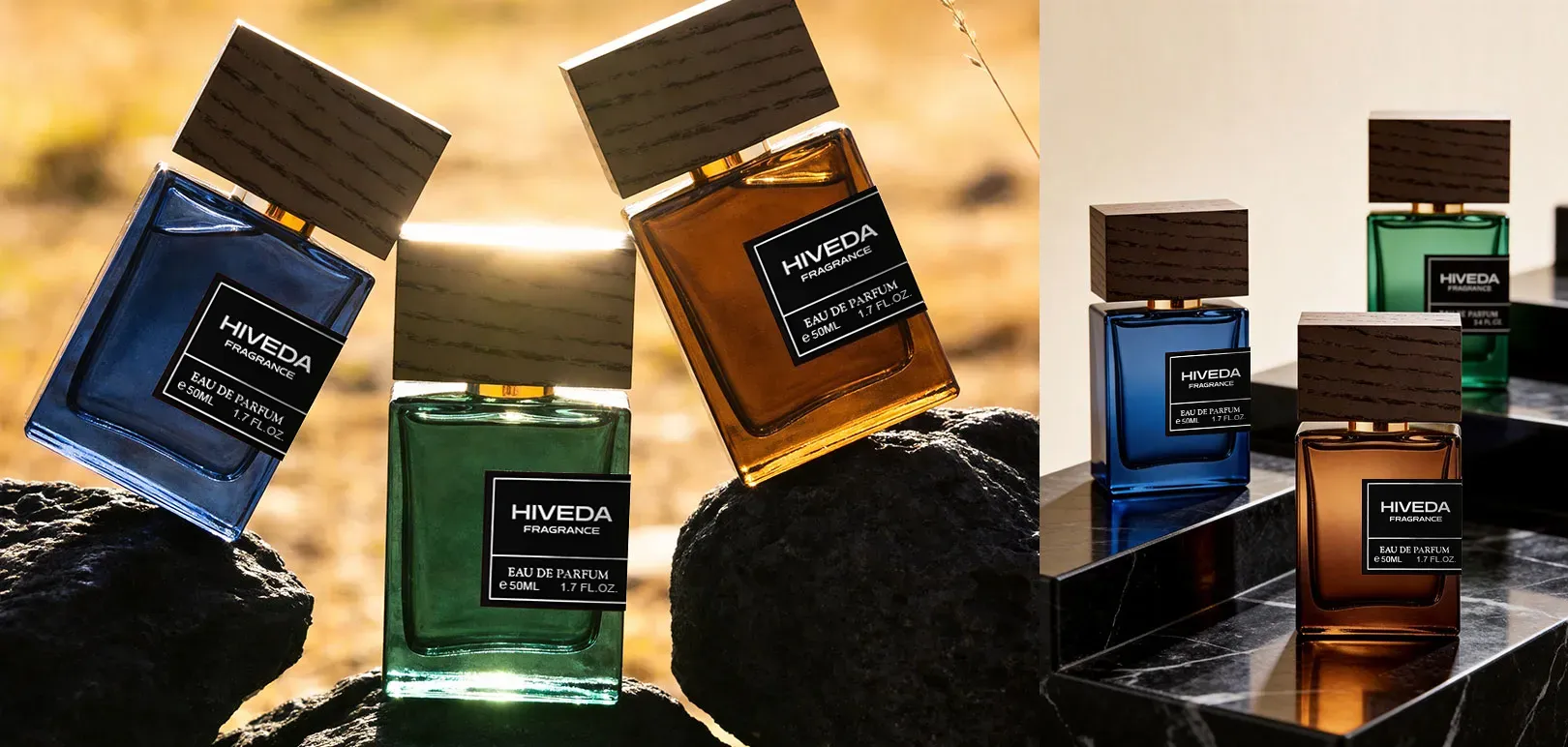 perfume bottles with blue green and amber fragrance colors