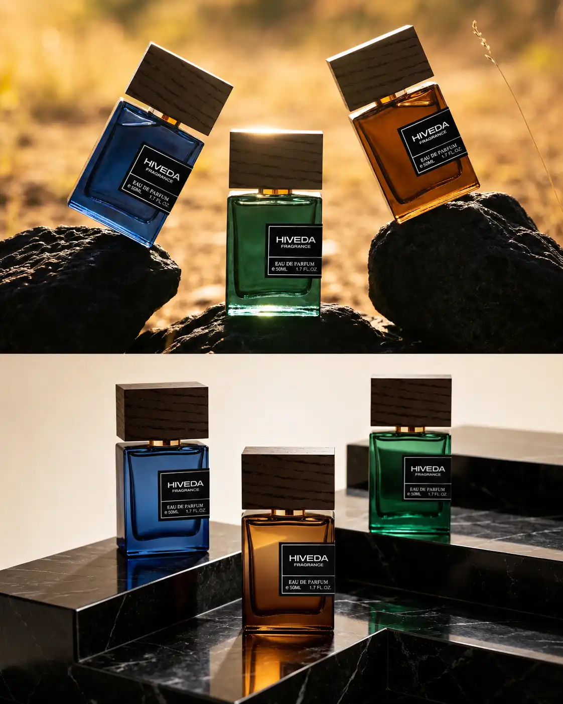 perfume bottles with blue green and amber fragrance colors