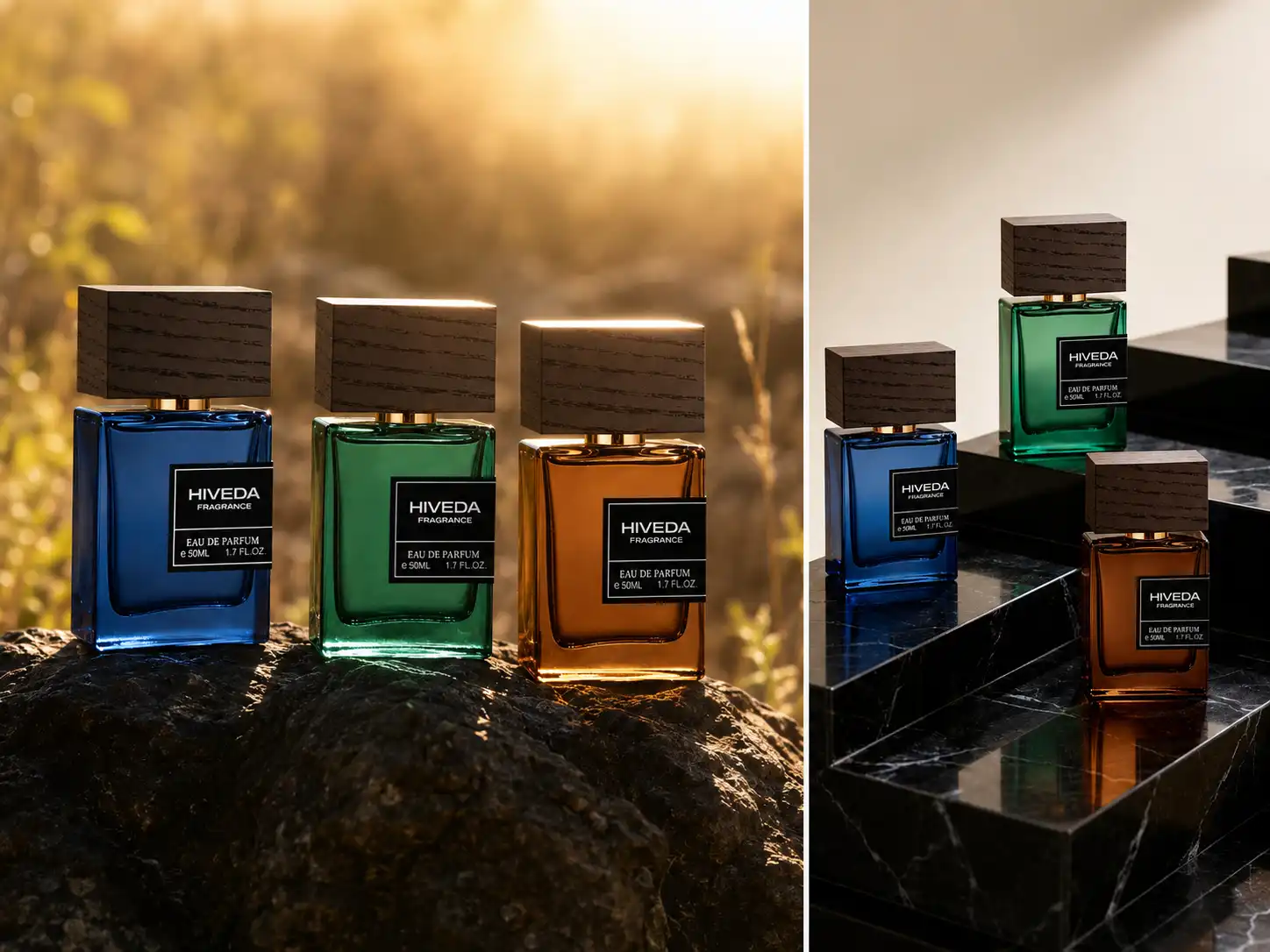 perfume bottles with blue green and amber fragrance colors