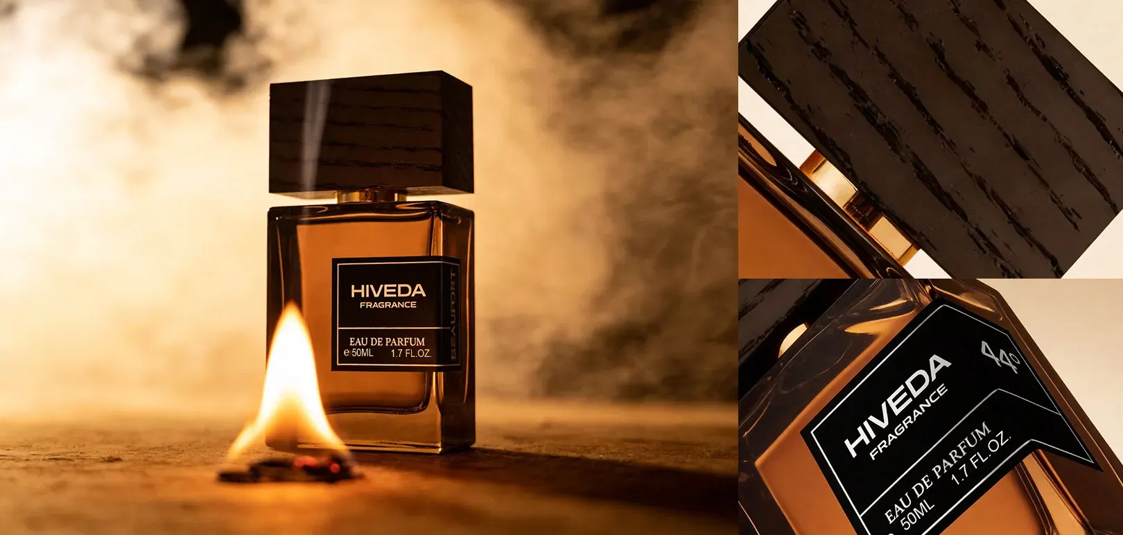 perfume bottle with wood-grain cap and angular black label