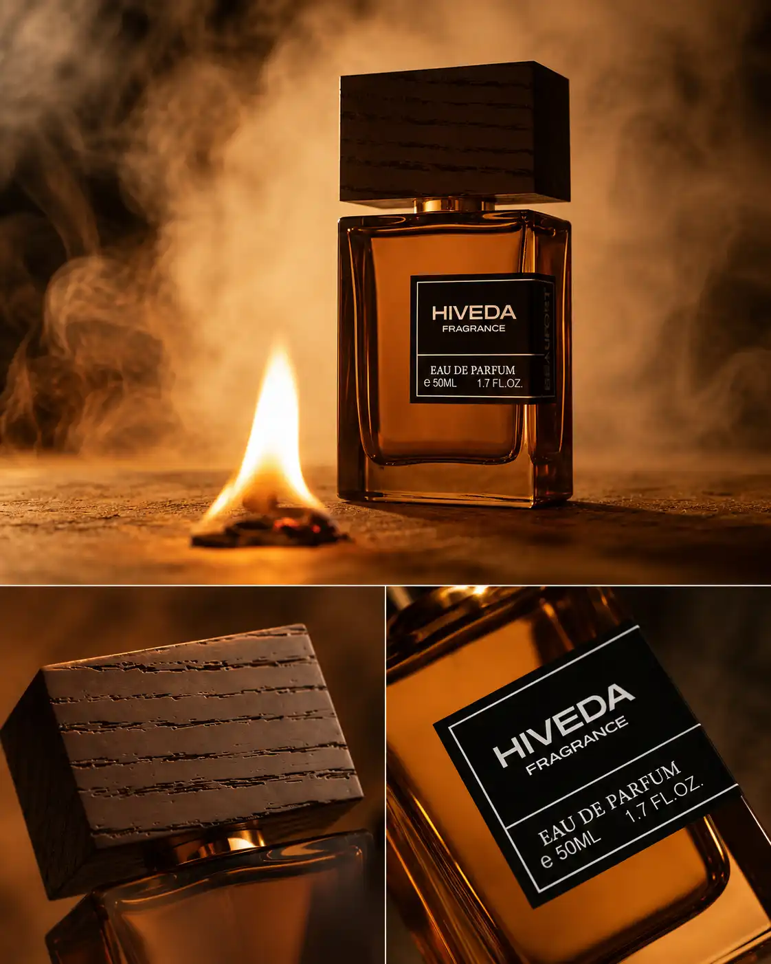 perfume bottle with wood-grain cap and angular black label