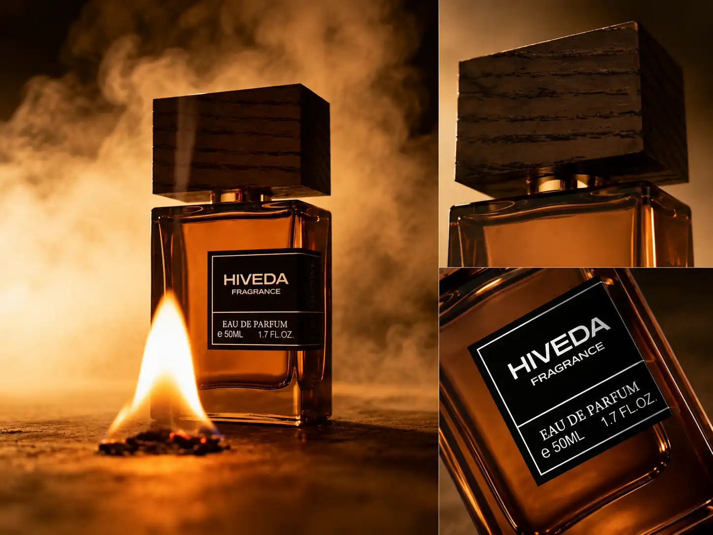 perfume bottle with wood-grain cap and angular black label