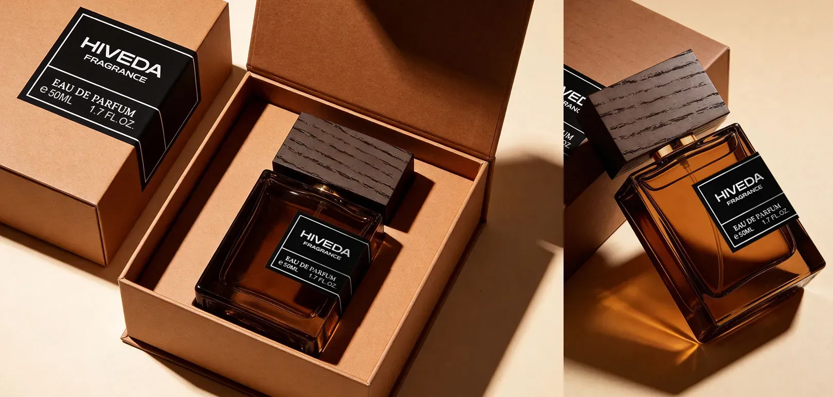 perfume bottle with warm brown presentation box and fitted insert