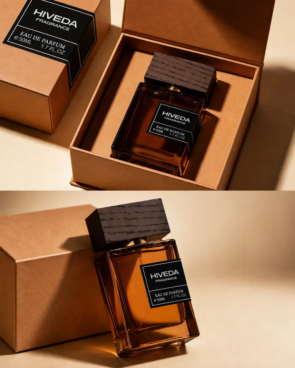 perfume bottle with warm brown presentation box and fitted insert