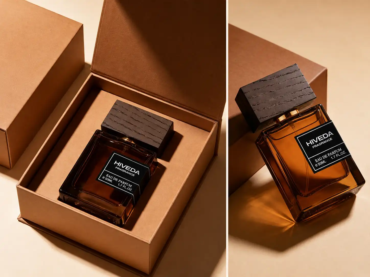 perfume bottle with warm brown presentation box and fitted insert