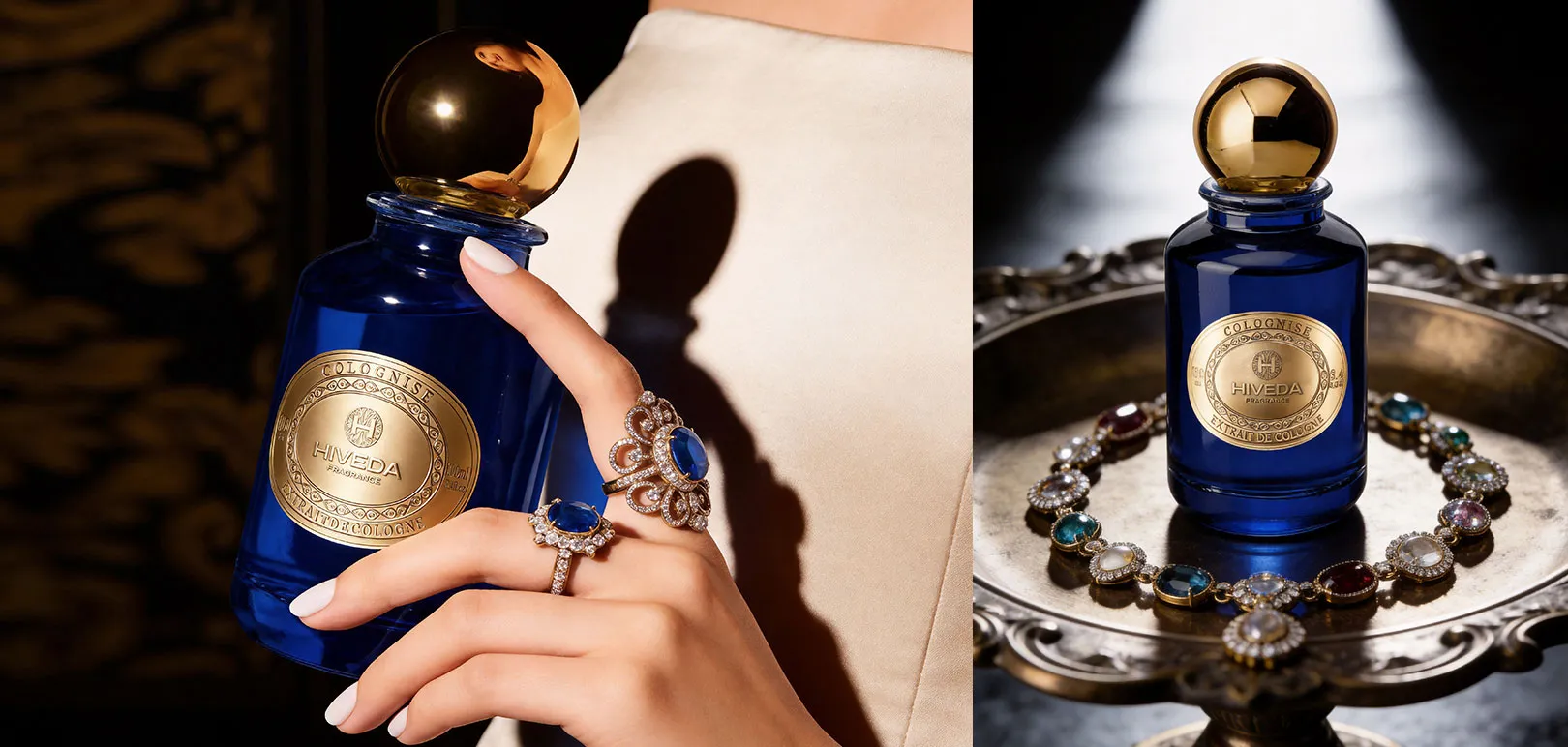 deep blue perfume bottle with spherical gold-tone cap