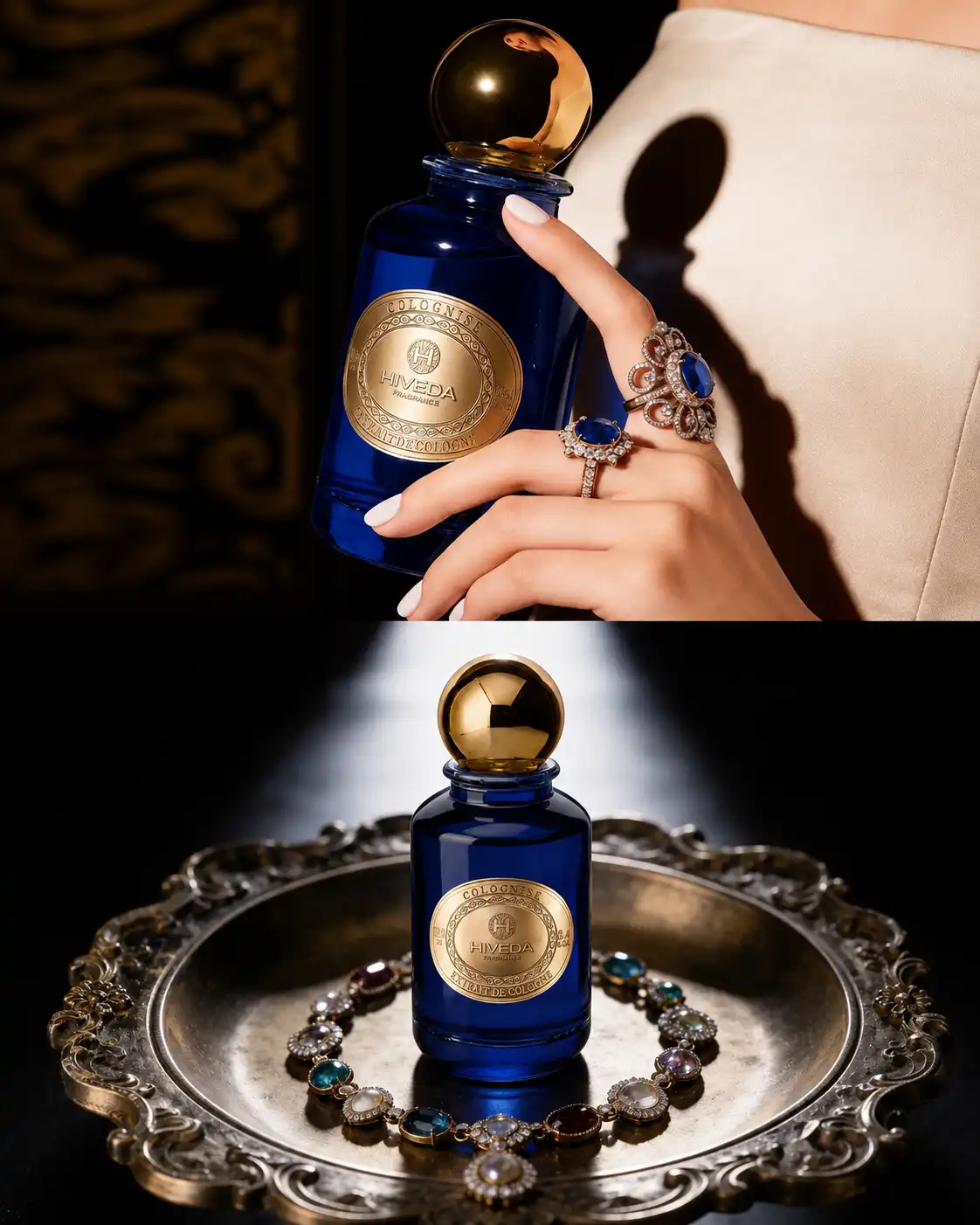deep blue perfume bottle with spherical gold-tone cap