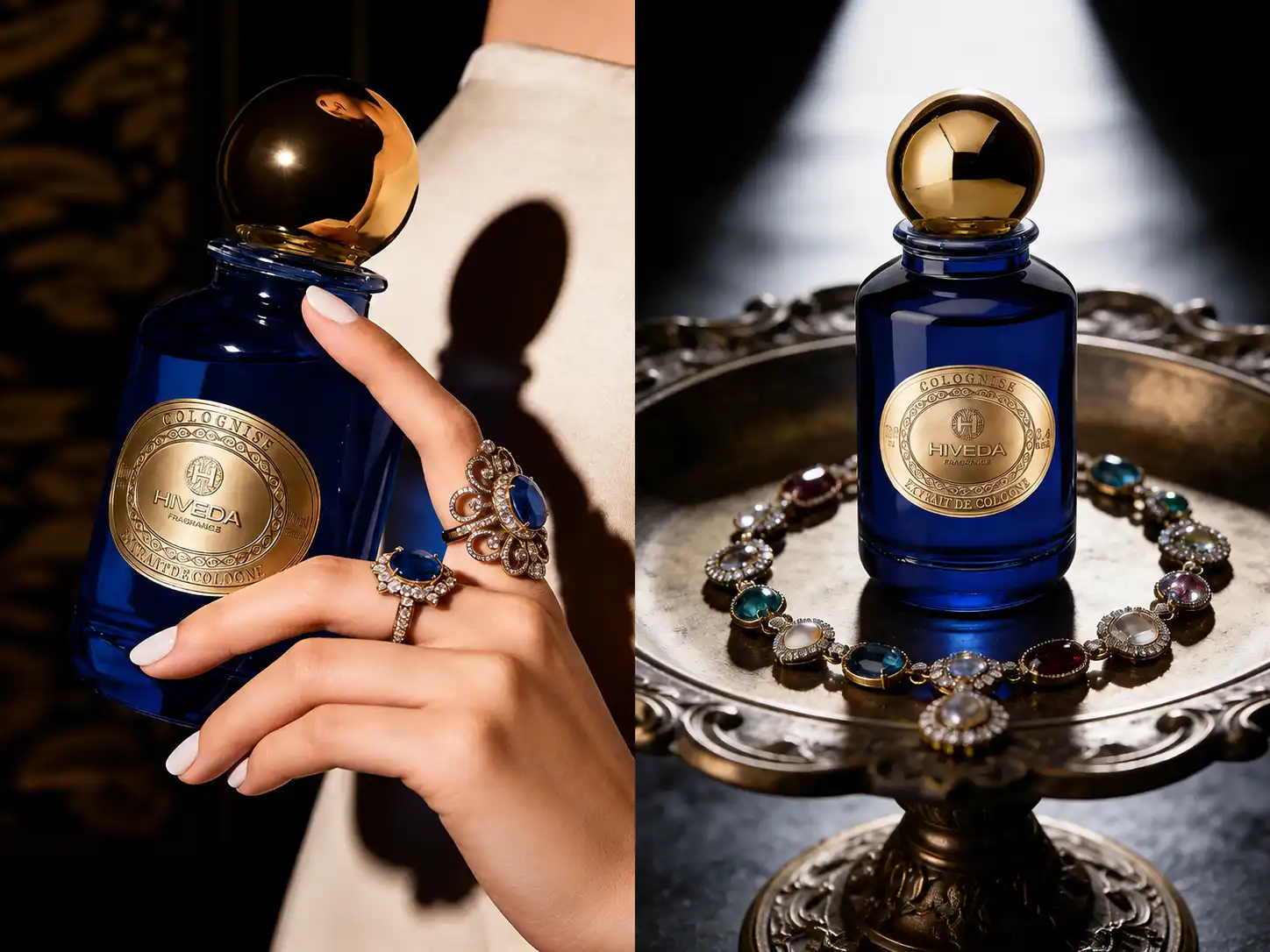 deep blue perfume bottle with spherical gold-tone cap