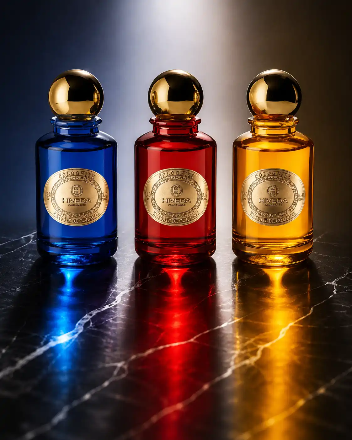 perfume bottles in blue burgundy and amber color directions
