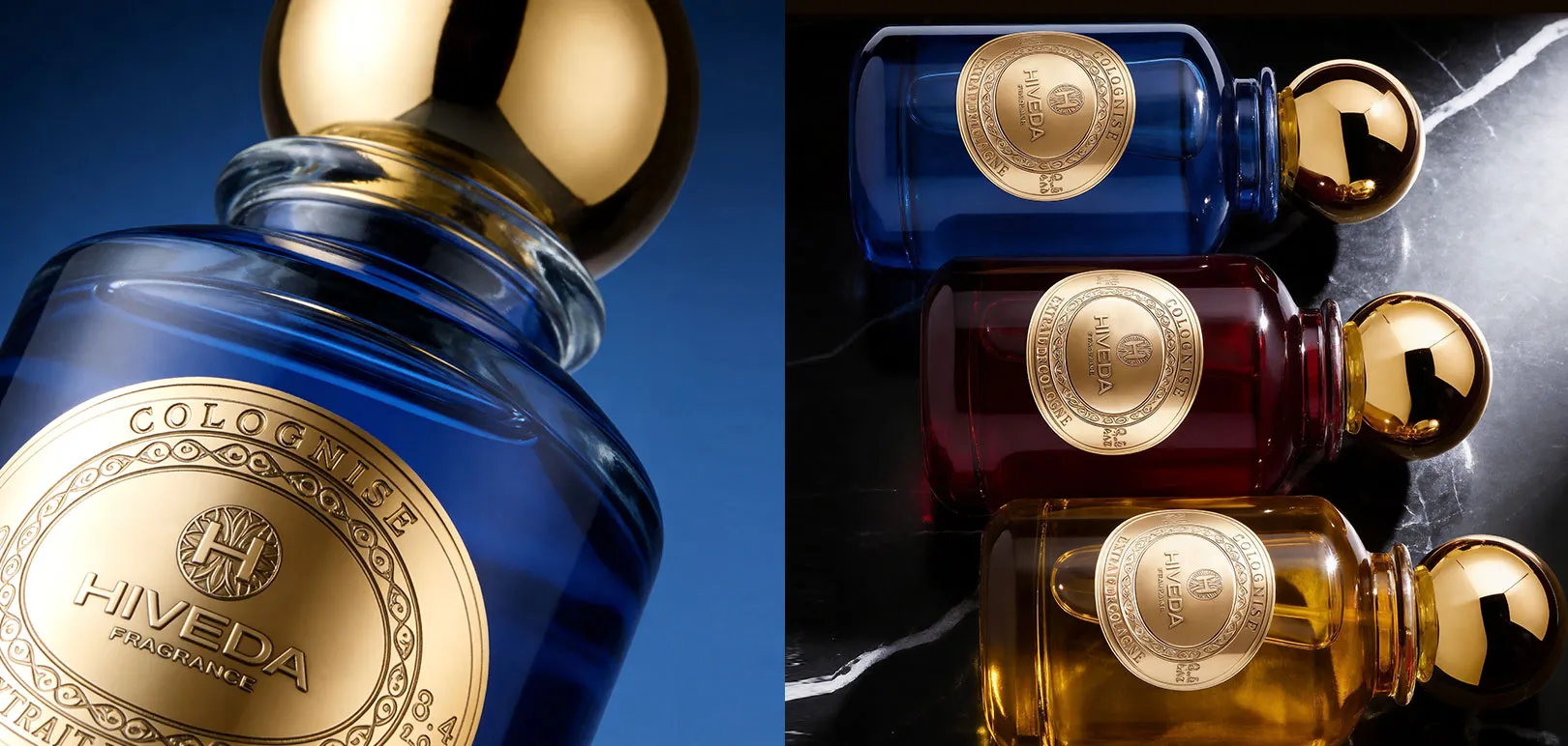 spherical cap and circular gold-tone perfume label detail