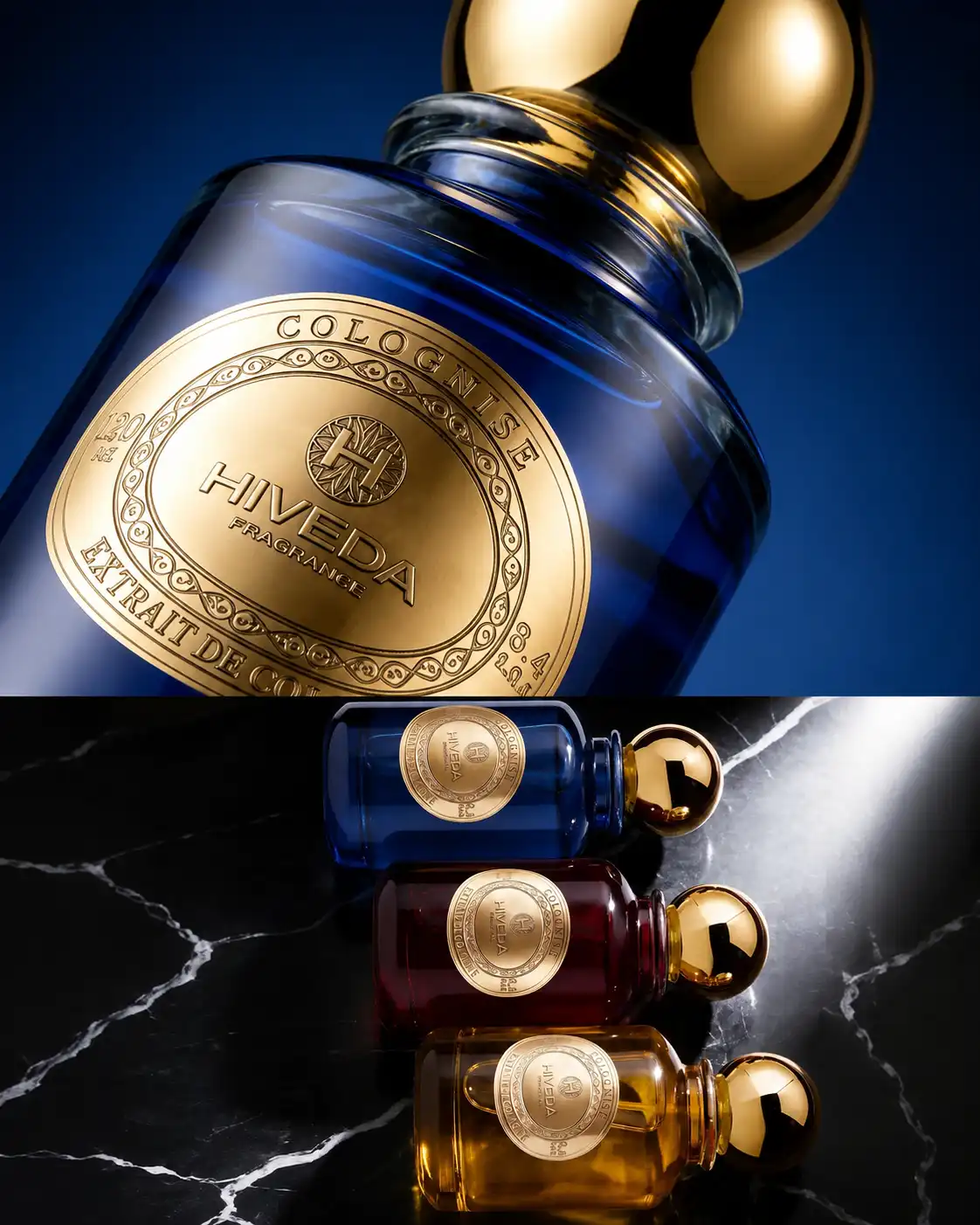 spherical cap and circular gold-tone perfume label detail