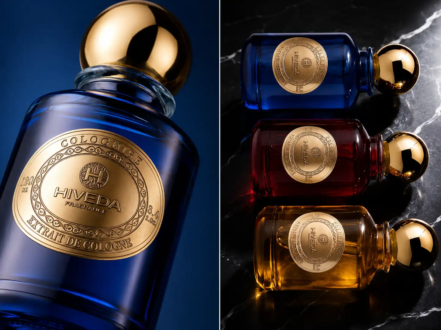 spherical cap and circular gold-tone perfume label detail