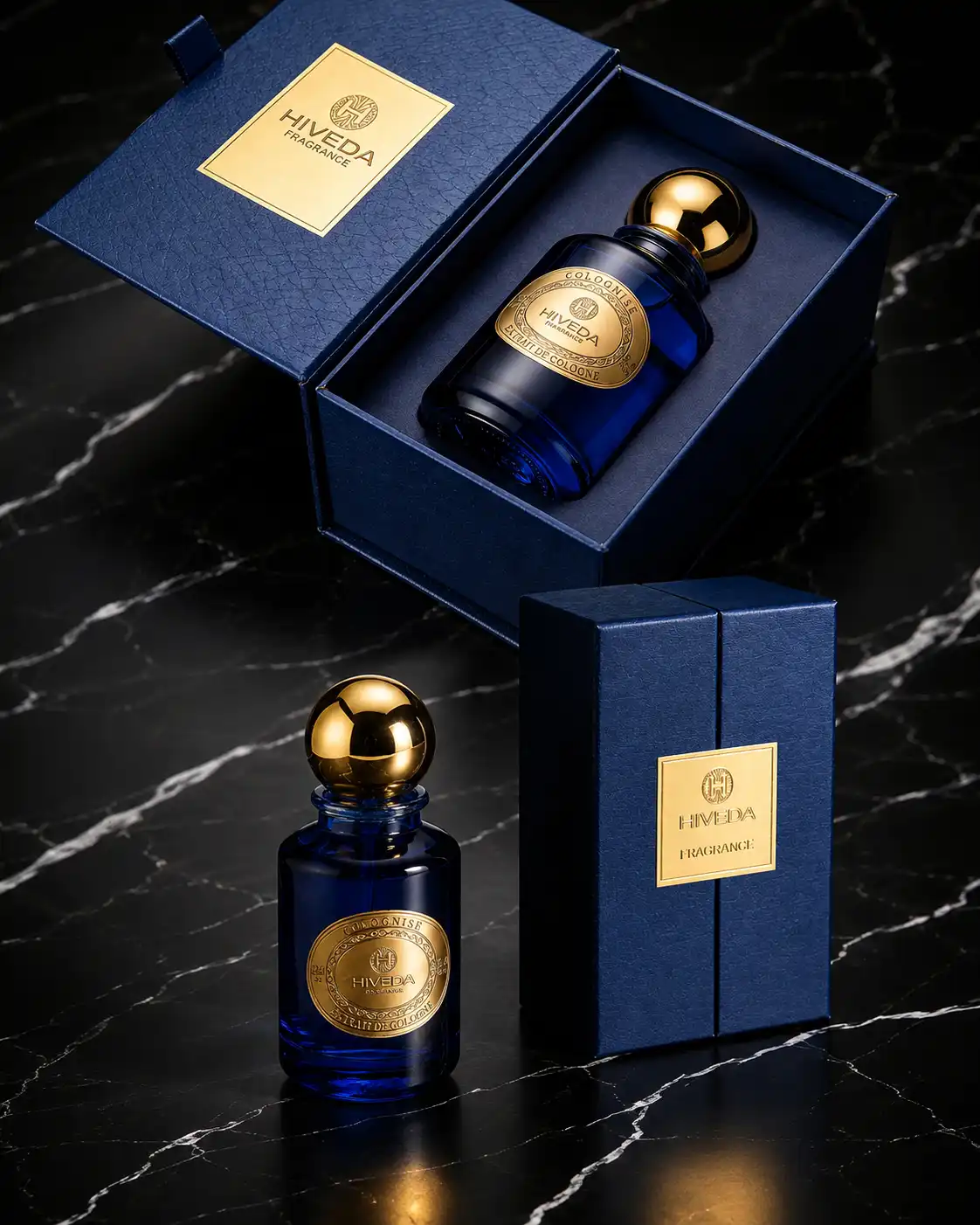 perfume bottle with deep-blue presentation box and fitted insert