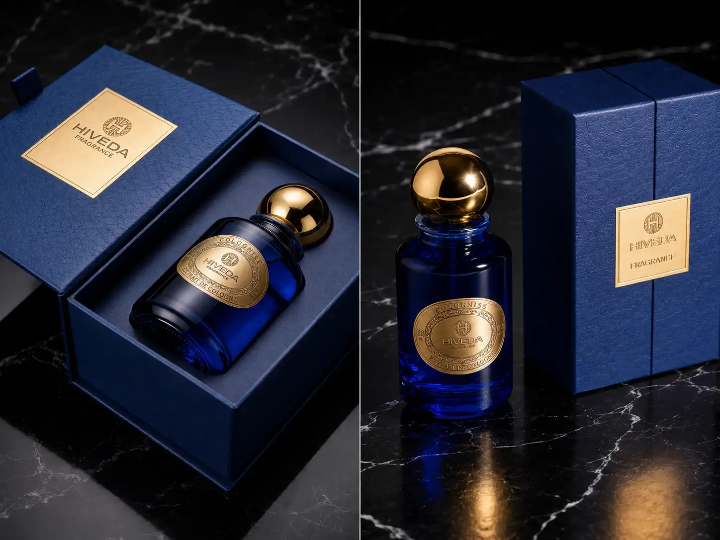 perfume bottle with deep-blue presentation box and fitted insert