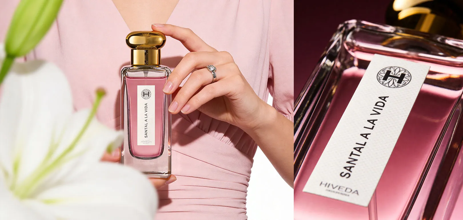 tall rectangular glass perfume bottle with oval gold-tone cap