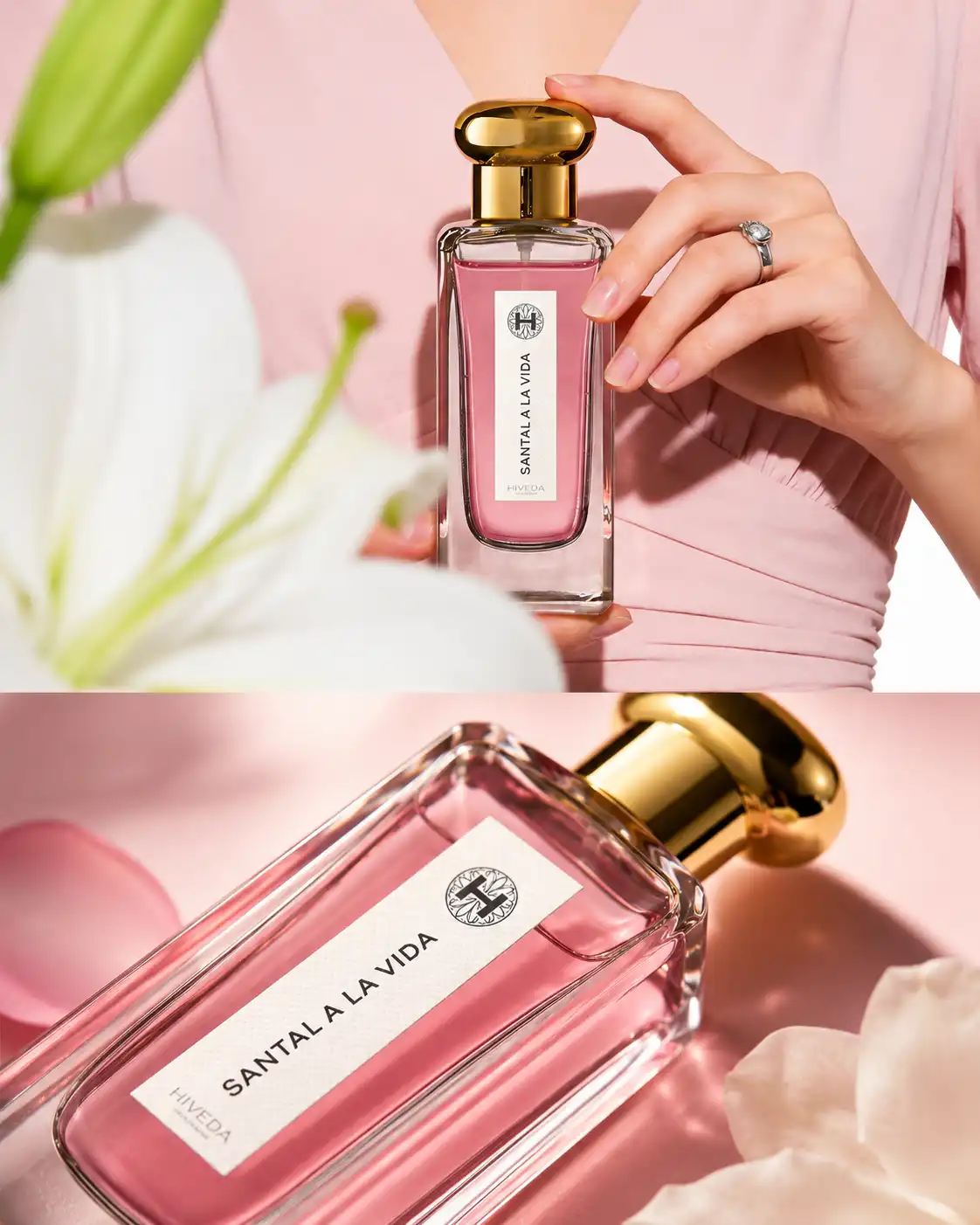tall rectangular glass perfume bottle with oval gold-tone cap