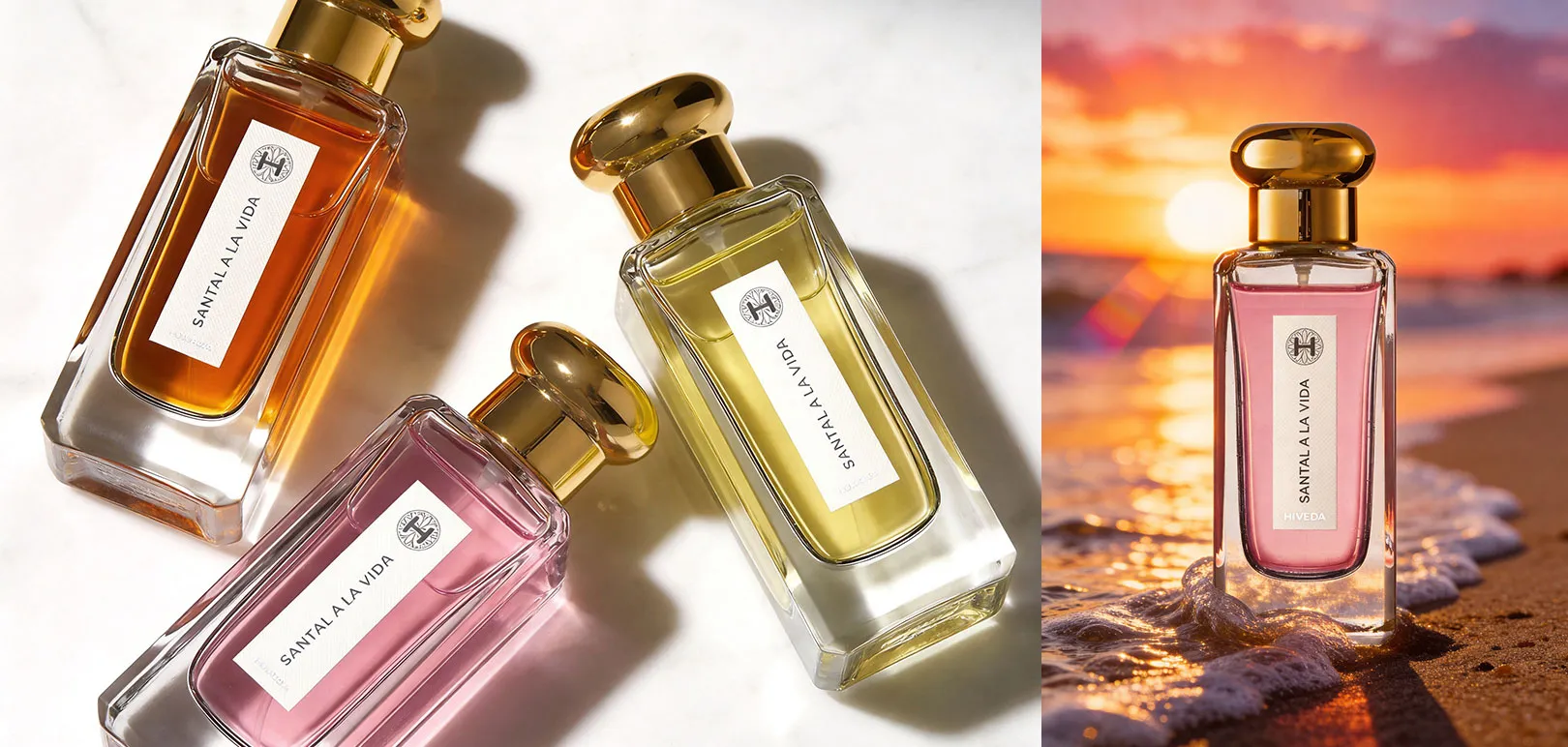 perfume bottles with amber gold and pink fragrance colors