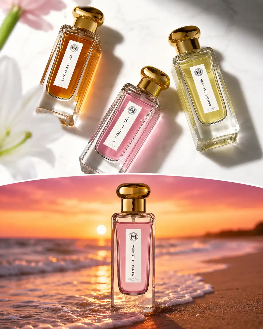 perfume bottles with amber gold and pink fragrance colors